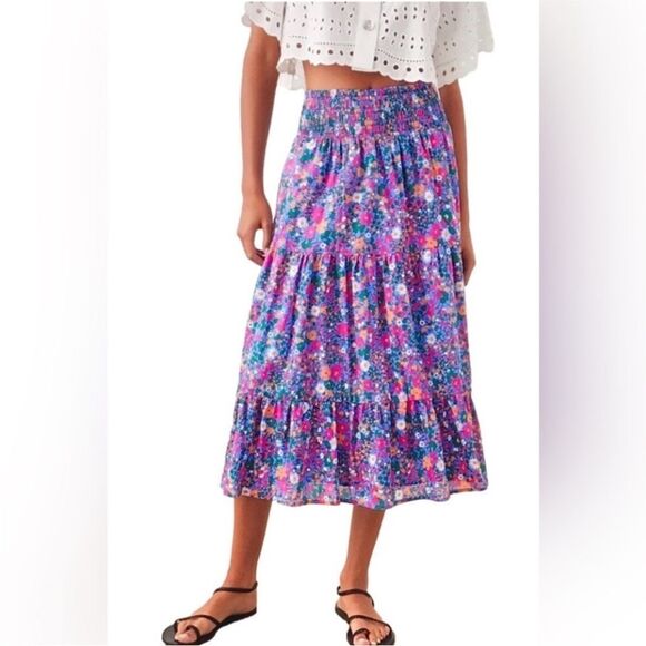 Rails Edina Leilani Floral Midi Skirt Tiered Smocked Waist Peasant Women’s MED - Picture 1 of 12